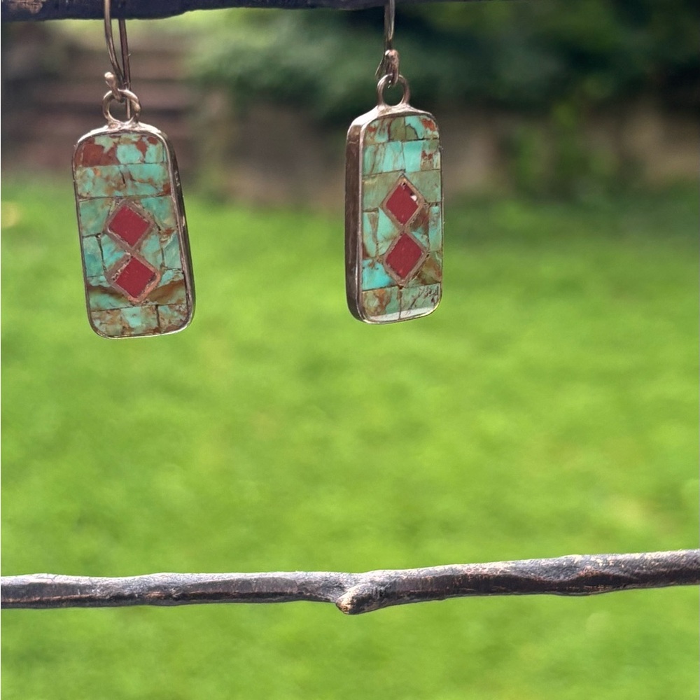 Santo Domingo Turquoise and Red Coral Geometric Earrings by Eleanor Melton